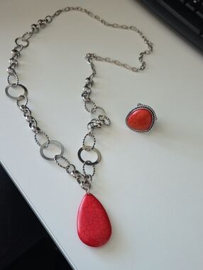 Red Teardrop Pendant Necklace with Matching Adjustable Ring
